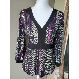Susan Lawrence Womens Medium Purple Black Chevron Bell Sleeve Back Tie V Neck